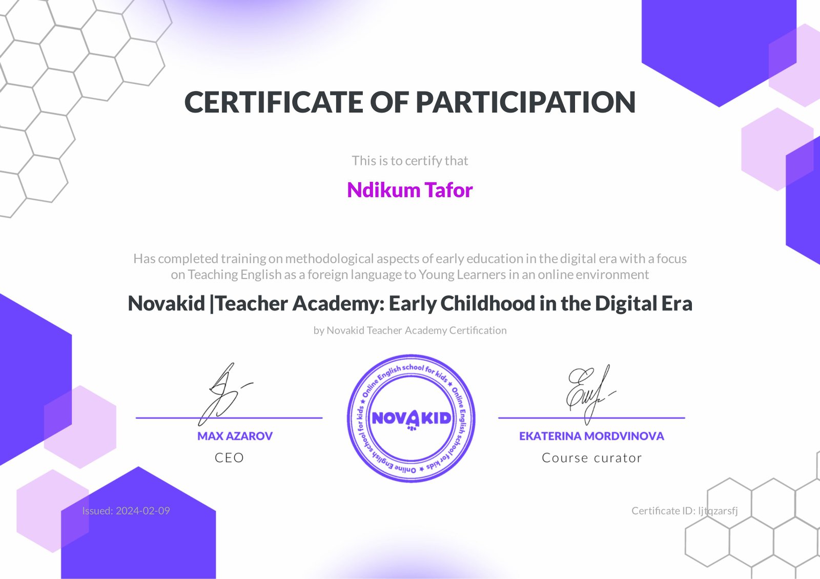 Novakid Certificate